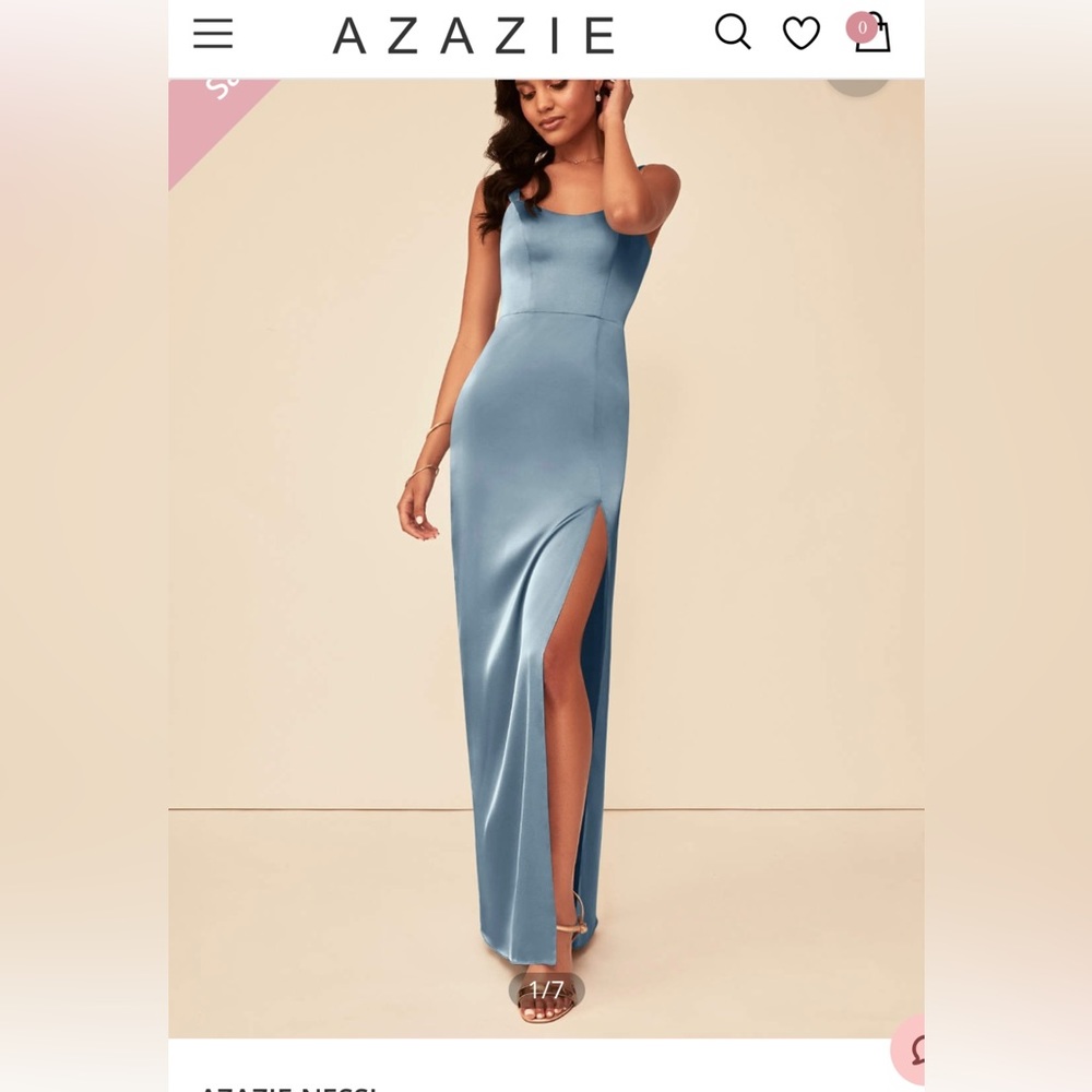 Dusty blue Azazie bridesmaid dress